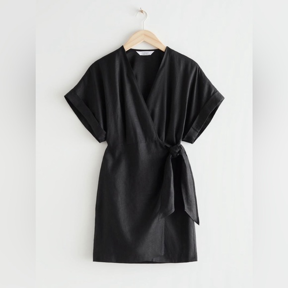 & Other Stories Linen Wrap Mini Dress Black - Picture 6 of 8